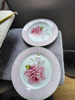 Laura Ashley Bone China Celia Salad/Dessert Plates 8" Pink Rose Striped Set of 2